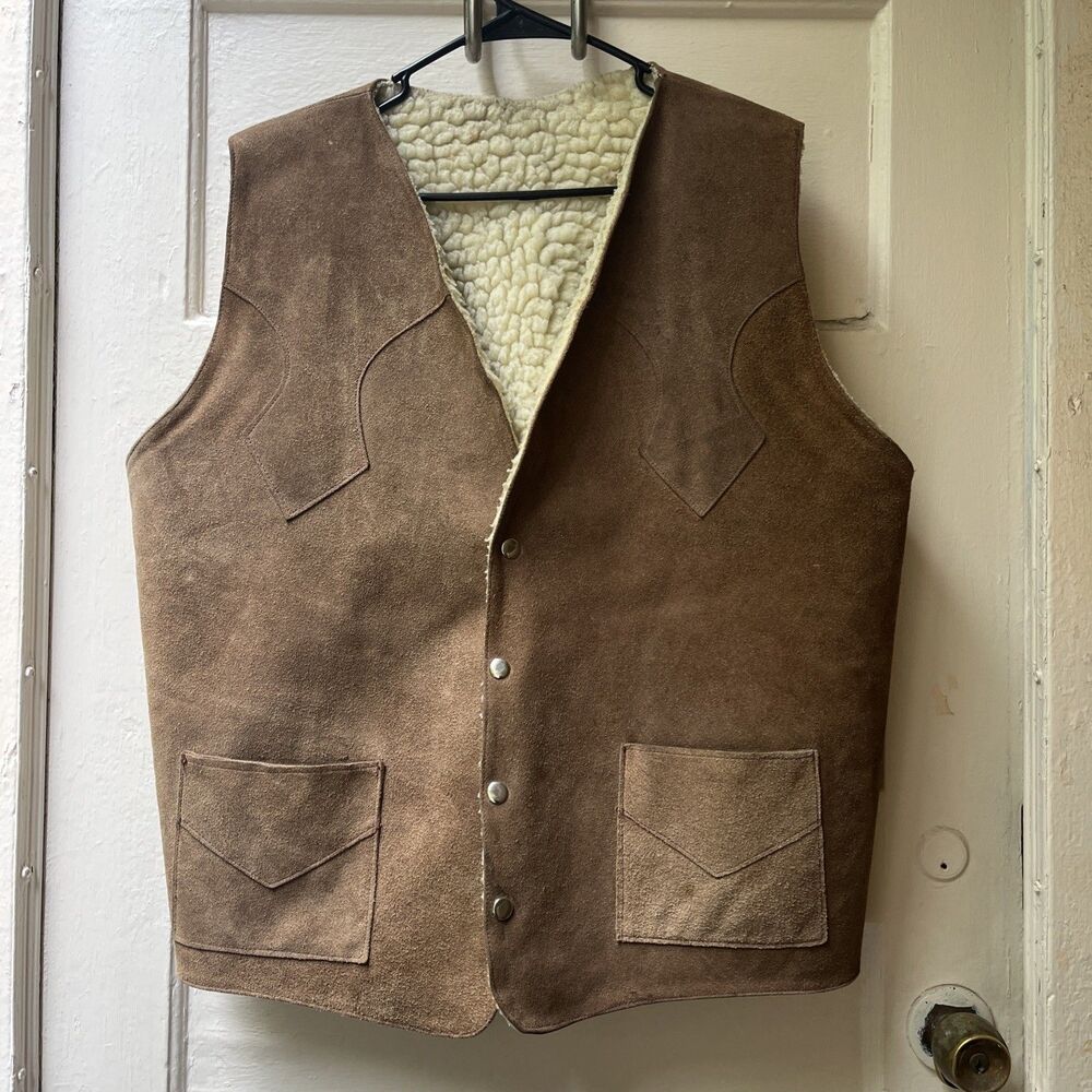 Vintage Shearling Suede Leather Vest Sz XL Brown Winter Outdoors Ranch Cowboy
